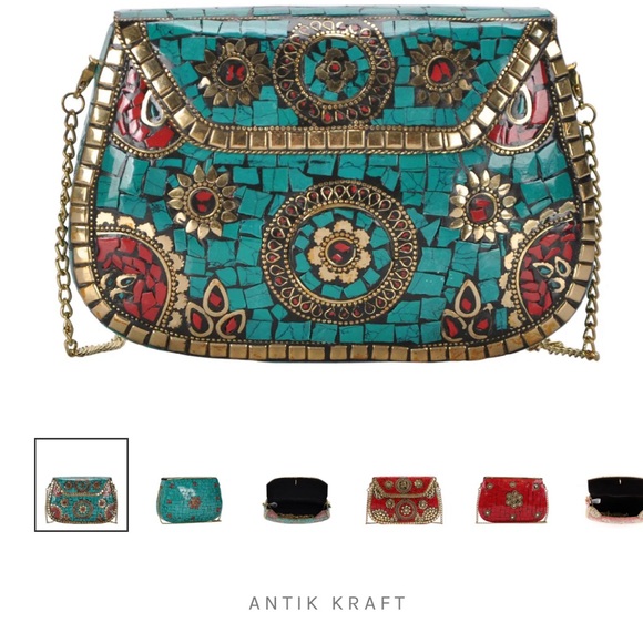 NWT! Antik Kraft Mosaic Clutch - Turquoise and Gold - Picture 1 of 6